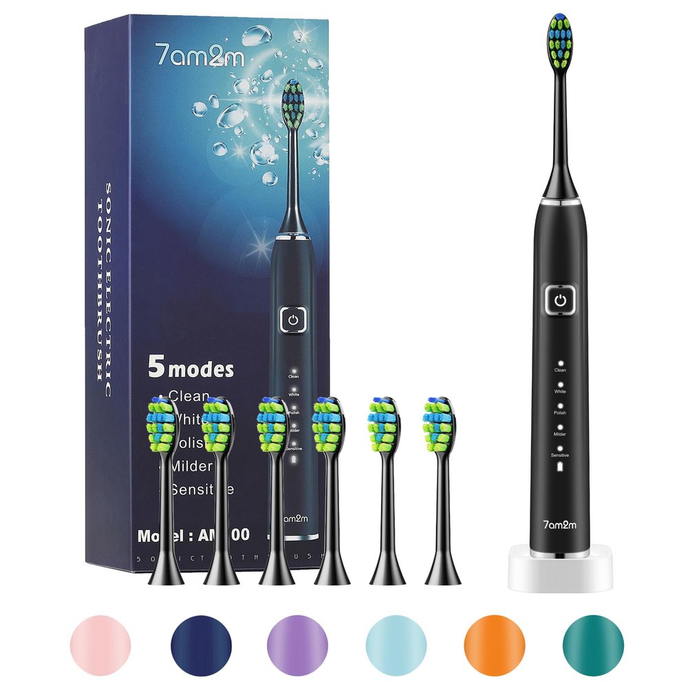 7AM2M Sonic Electric Toothbrush with 6 Brush Heads for Kids and Children, One Charge for 90 Days, Wireless Fast Charge, 5 Modes with 2 Minutes Build in Smart Timer, Electric Toothbrushes(Black)