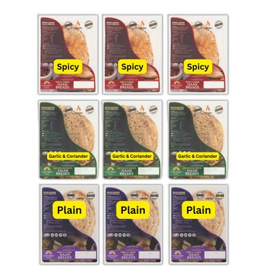 (6-20 Naan Breads) Garlic & Coriander, Plain Or Spicy Naan Breads 360g per pack ((Mixed) 9x2 Naans)