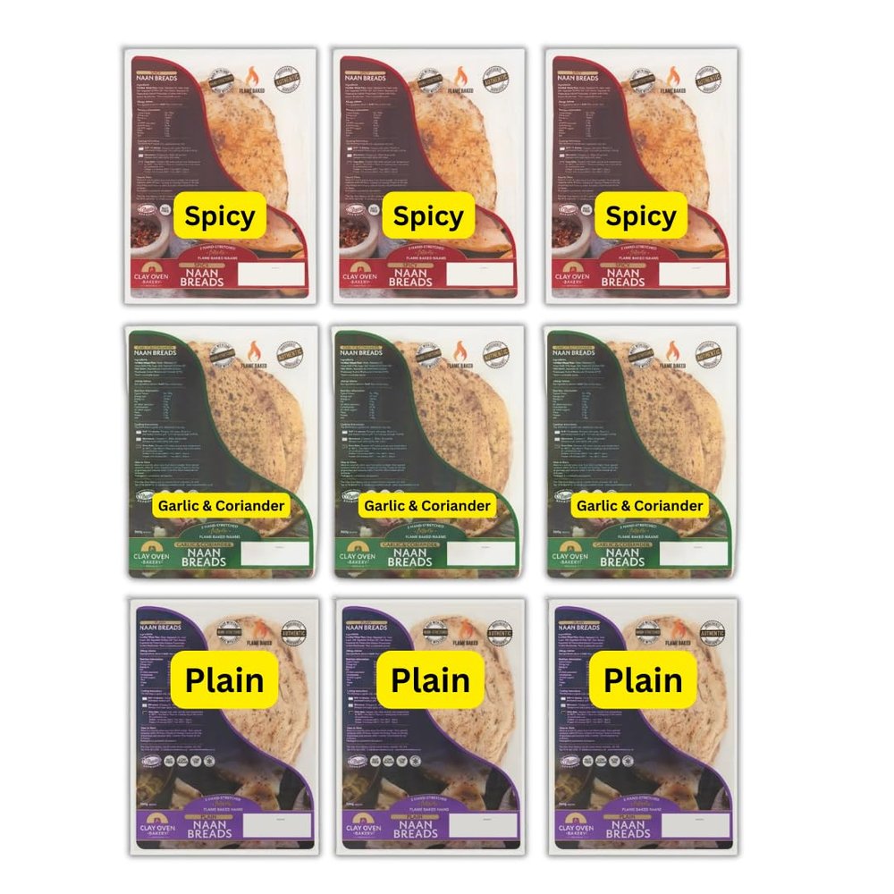 (6-20 Naan Breads) Garlic & Coriander, Plain Or Spicy Naan Breads 360g per pack ((Mixed) 9x2 Naans)