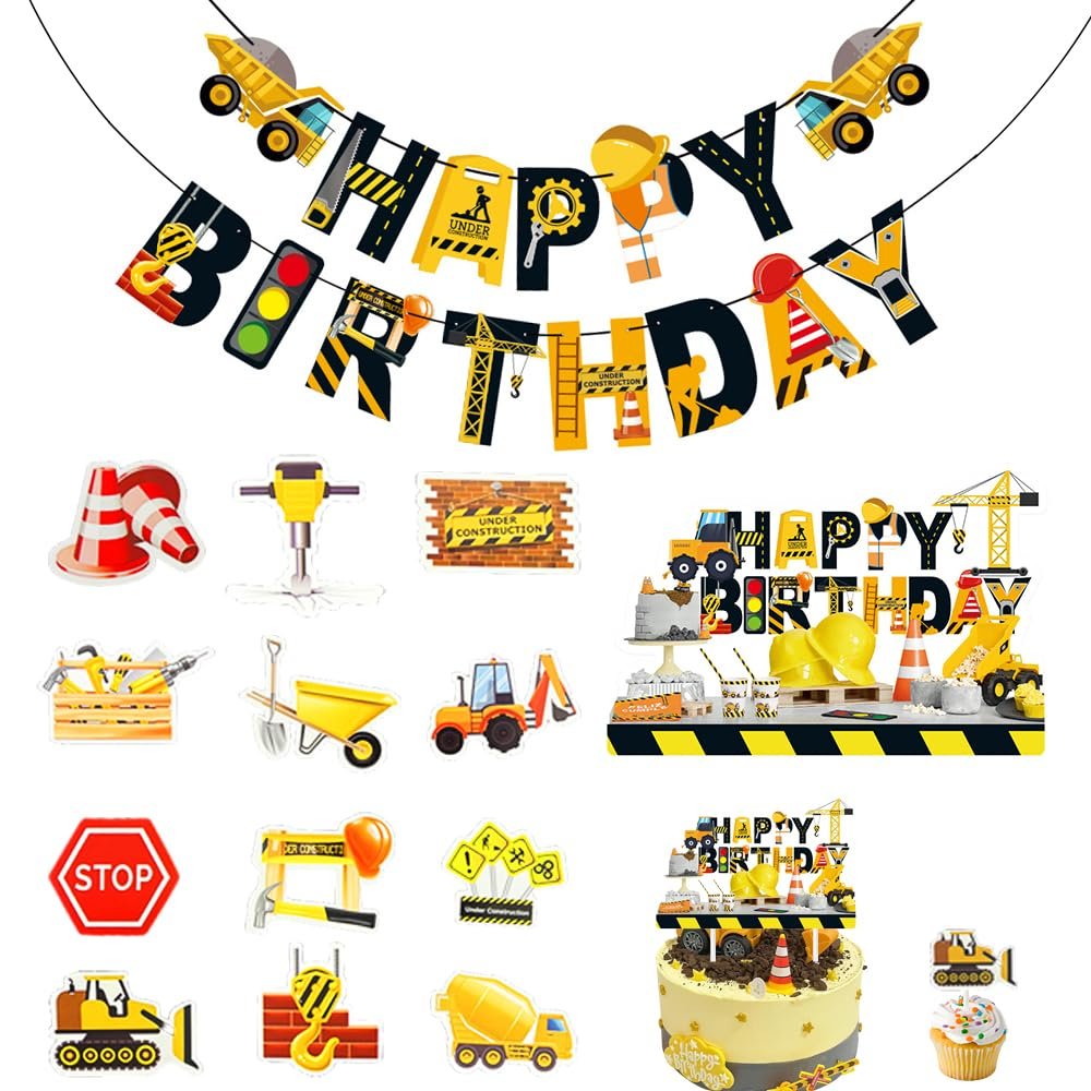 14 PCS Truck Excavator letter Birthday Flag Pulling Baking Cake Insertion Card Engineering Tag Series Birthday Set Tools Hammer Screwdriver Theme for Happy Birthday Shower Party Supplies