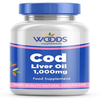 Cod Liver Oil 1000mg (90 Capsules) from Woods Supplements | This Nutrient Rich Supplement Provides 1000mg of Pure Cod Liver Oil and Vitamins A and D | EPA 80mg DHA 90mg