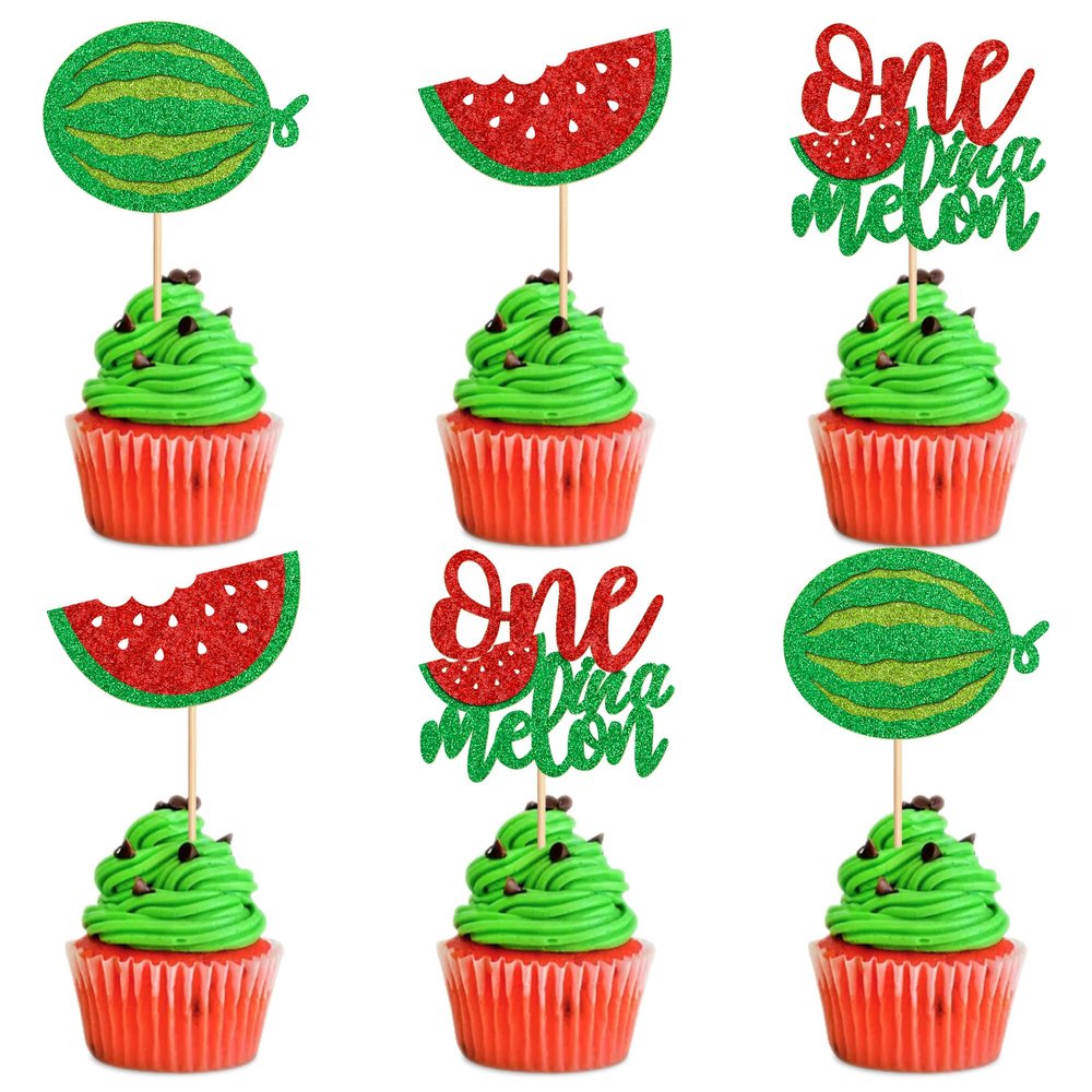 Ercadio 24 Pcs One Watermelon Cupcake Toppers Glitter Fruit Theme Summer Watermelon Cupcake Picks for Kid Baby Shower Party Decorations Boy Girl Birthday Cake Party Supplies Watermelon