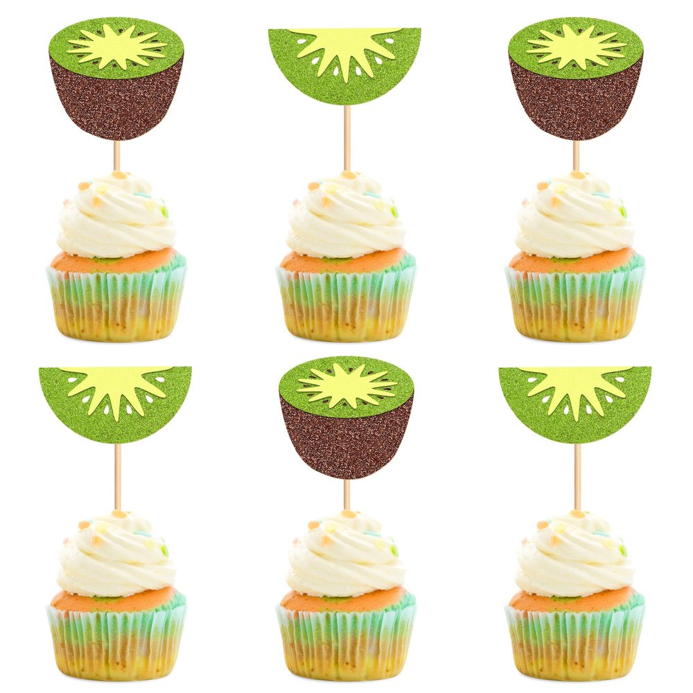 Ercadio 24 Pcs Kiwifruit Cupcake Toppers Glitter Fruit Theme Summer Kiwifruit Cupcake Picks for Kid Baby Shower Party Decorations Boy Girl Birthday Cake Party Supplies Kiwifruit
