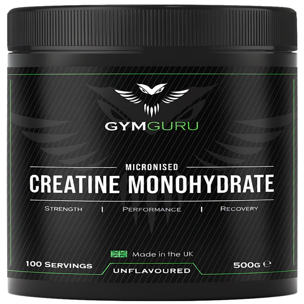 Gym Guru Creatine Monohydrate Powder Unflavoured (UK Made) - 500g (100 Servings) - 100% Pure Micronised Easy Dissolve - Vegan Gym Supplement for Men & Women - Muscle Growth, Strength & Performance
