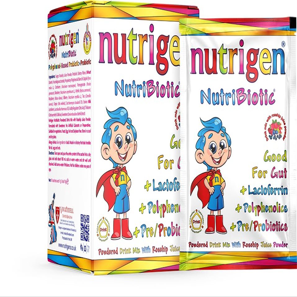 Nutrigen Nutribiotic Powdered Drink Mix for Children enriched with probiotics, prebiotics, polyphenols and lactoferrin restores Healthy Gut Balance, Fast and Effective, 10 sachets