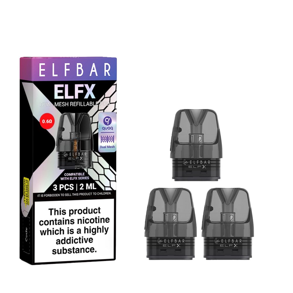Elf Bar ELFX Replacement Pods  Pack of 3 Spare Vape Pods For Elf Bar ELFX Refillable Vape Pod Kit  QUAQ Dual Mesh Pods