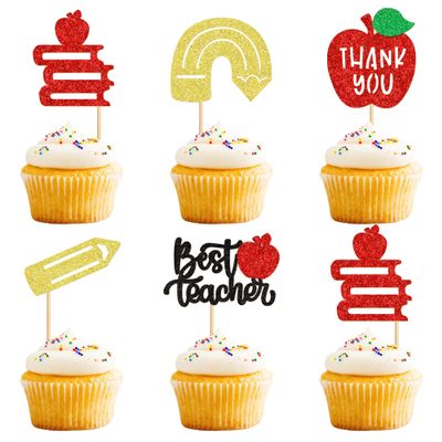 Ercadio 30PCS Teachers's Day Cupcake Toppers Glitter Best Teacher Cake Picks Thank You Apple Pencil Stationery for Baby Shower Birthday Anniversary Thanksgiving Day Party Cake Decoration