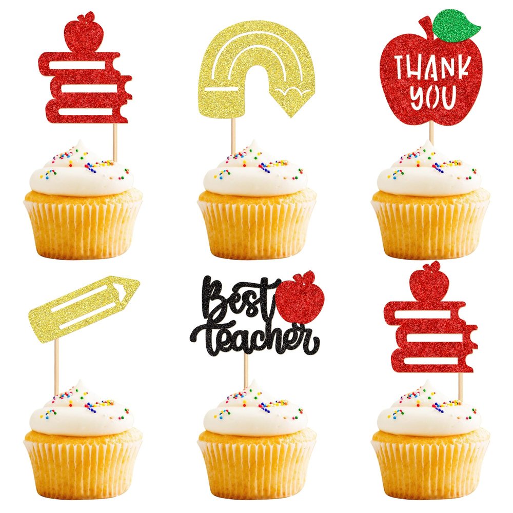 Ercadio 30PCS Teachers's Day Cupcake Toppers Glitter Best Teacher Cake Picks Thank You Apple Pencil Stationery for Baby Shower Birthday Anniversary Thanksgiving Day Party Cake Decoration