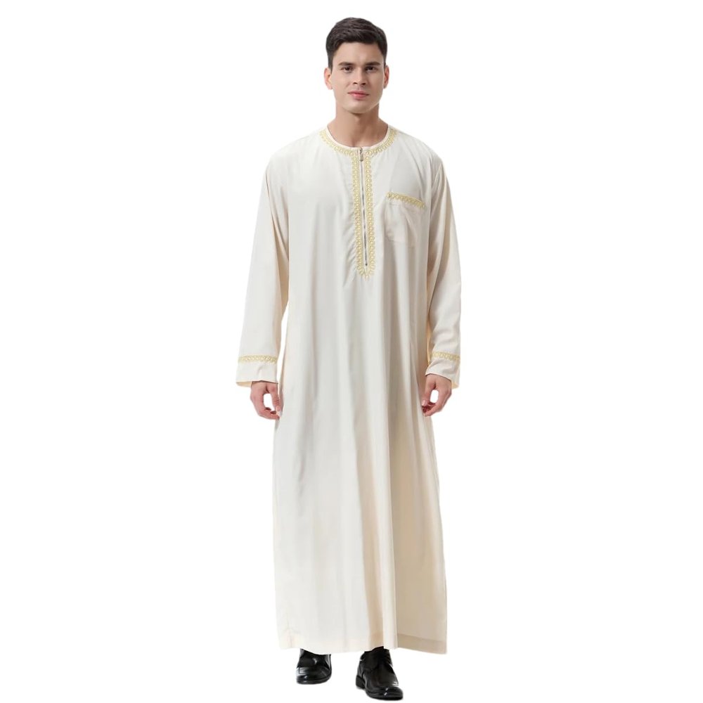 Adhdyuud Men Ramadan Robe Islamic Kaftan Thobe Long Sleeves Arab Muslim Middle East Crew Neck Dubai Zip Abaya beige XXL