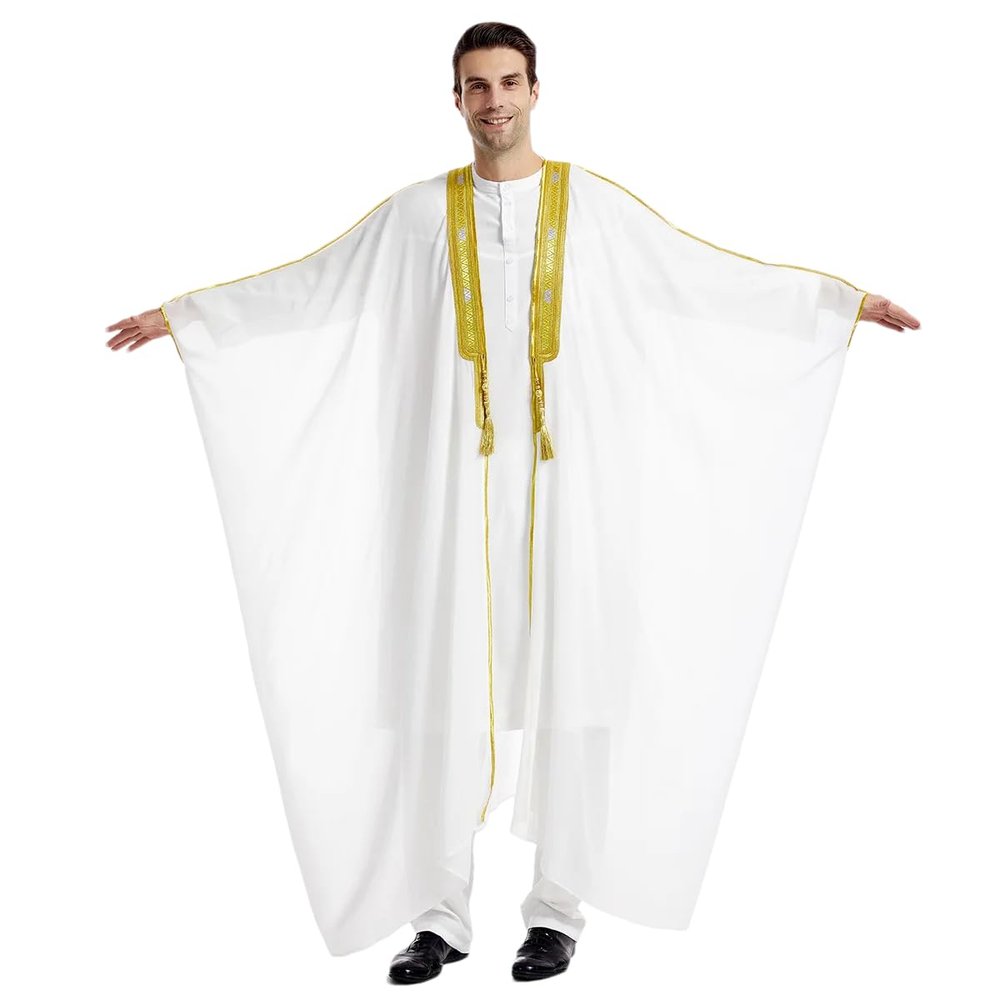 Adhdyuud Men Ramadan Eid Muslim Robe Arabic Islamic Dubai Morocco Turkey Middle East Chiffon Kaftan Thobe WHITE L