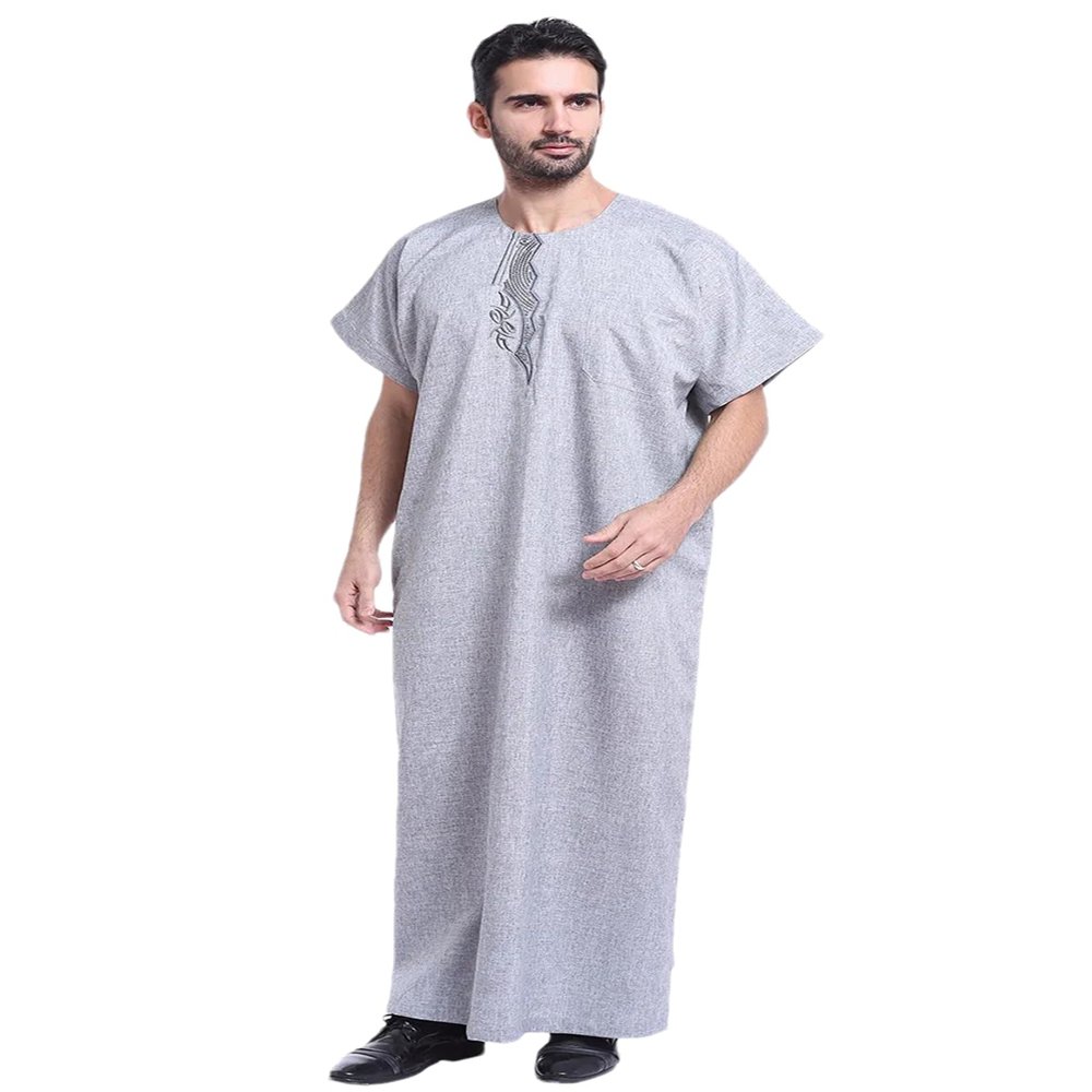 Adhdyuud Men's Muslim Middle East Robe Arabic Islamic Jubba Thobe Turkey Dubai Kaftans Short Sleeve Caftans GRAY S