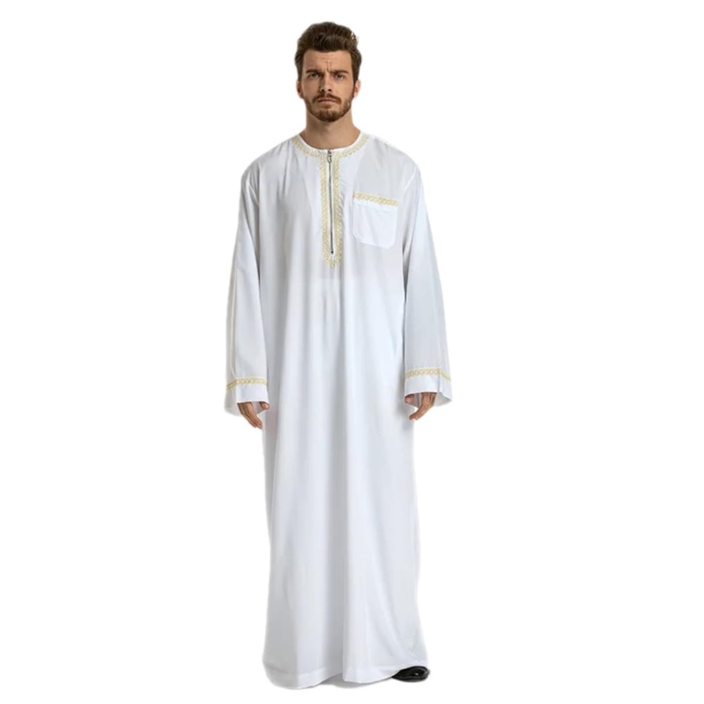 Adhdyuud Men's Middle East Muslim Kaftan Thobe Loose Islamic National Embroidered O-Neck Arab Robe white L