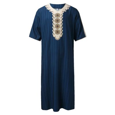 Adhdyuud Men Summer Islam Kaftan Muslim Kaftan Robe Loose Moroccan Embroidered Abaya Thobe Dark Blue 1 XXXL