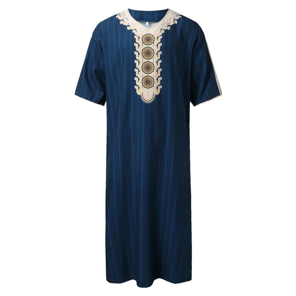 Adhdyuud Men Summer Islam Kaftan Muslim Kaftan Robe Loose Moroccan Embroidered Abaya Thobe Dark Blue 1 XXXL