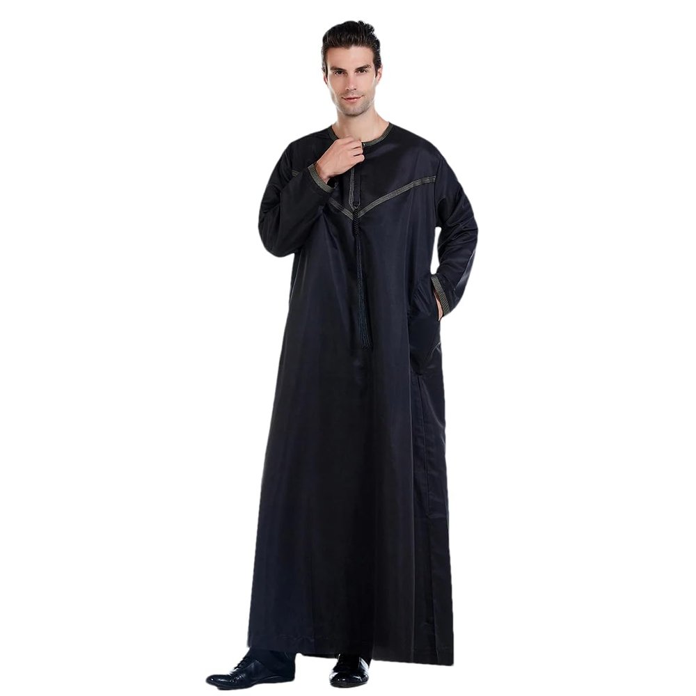 Adhdyuud Mens Long Sleeve Eid Ramadan Robe Saudi Arab Thobe Abaya Middle East Islamic Muslim Kaftan Black XXL