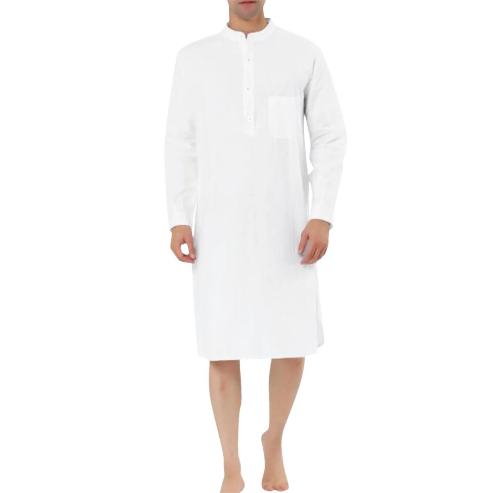 Adhdyuud Men Eid Mubarak Kaftan Arabic Casual Knee-Length Pocket Muslim Robes Turkey Jubba Thobe white M