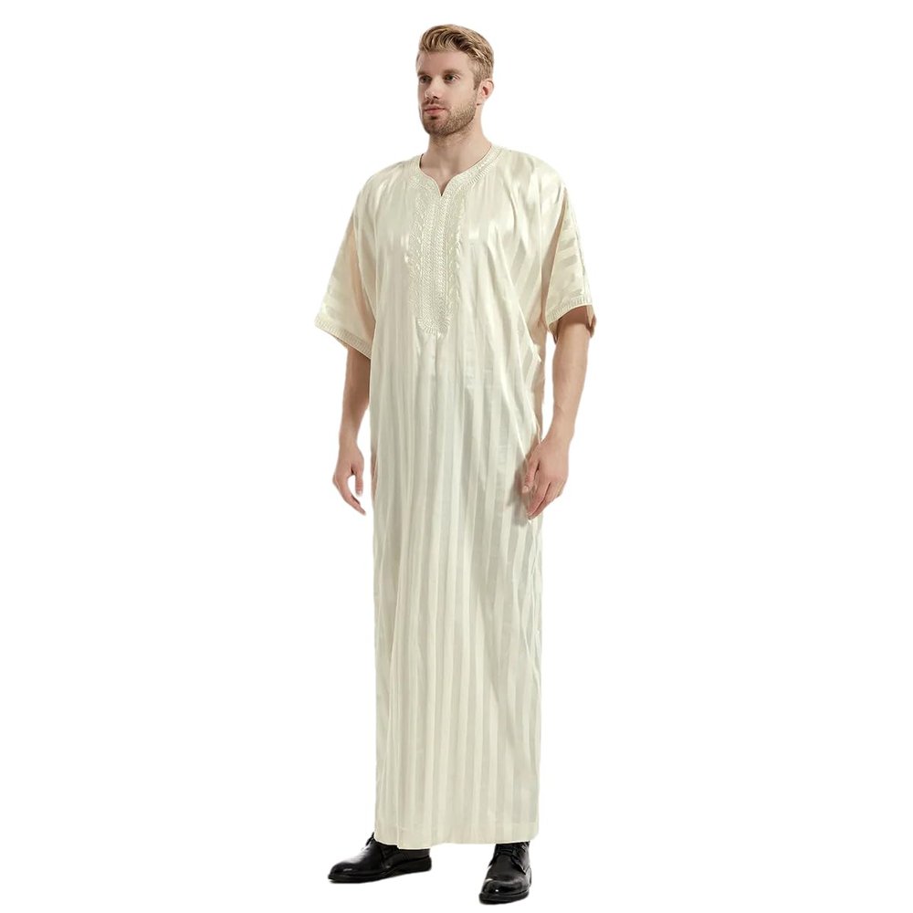 Adhdyuud Men Muslim Arabic Islamic Abaya Loose Ethnic Striped Saudi Arab Middle East Robe Jubba Thobe Beige XXL