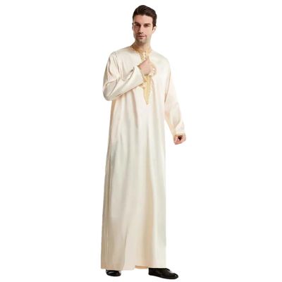Adhdyuud Men Muslim Stand Neck Embroidered Kaftan Thobe Arabian Middle Eastern Sets Dubai Saudi Arabic Robe Beige 2XL