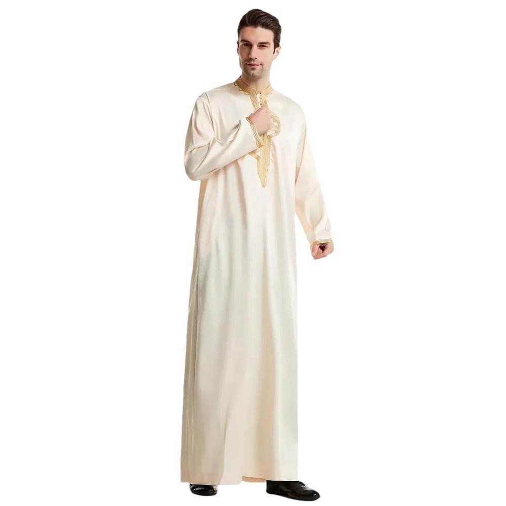 Adhdyuud Men Muslim Stand Neck Embroidered Kaftan Thobe Arabian Middle Eastern Sets Dubai Saudi Arabic Robe Beige 2XL