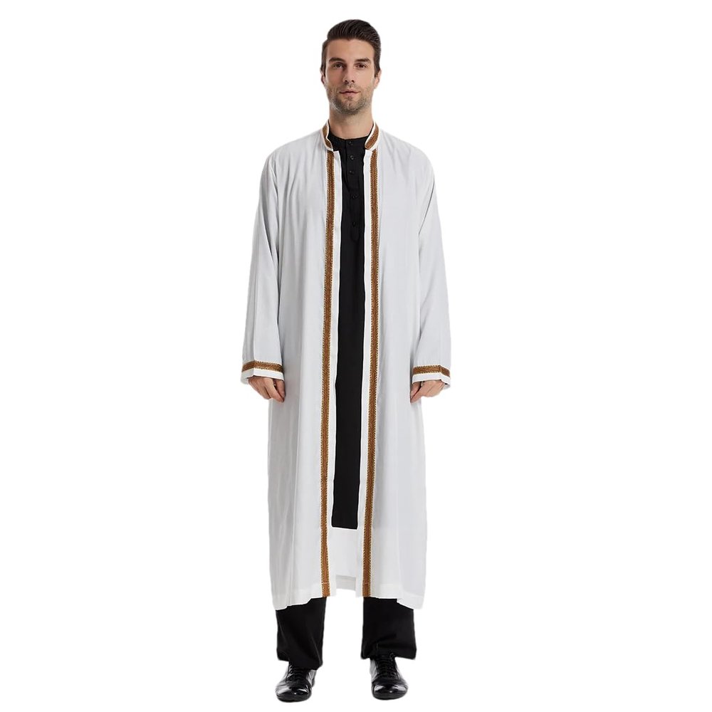 Adhdyuud Men's Muslim Middle East Long Sleeves Robe Arab Stand Collar Emborider Dubai Islamic Kaftan Thobe white M