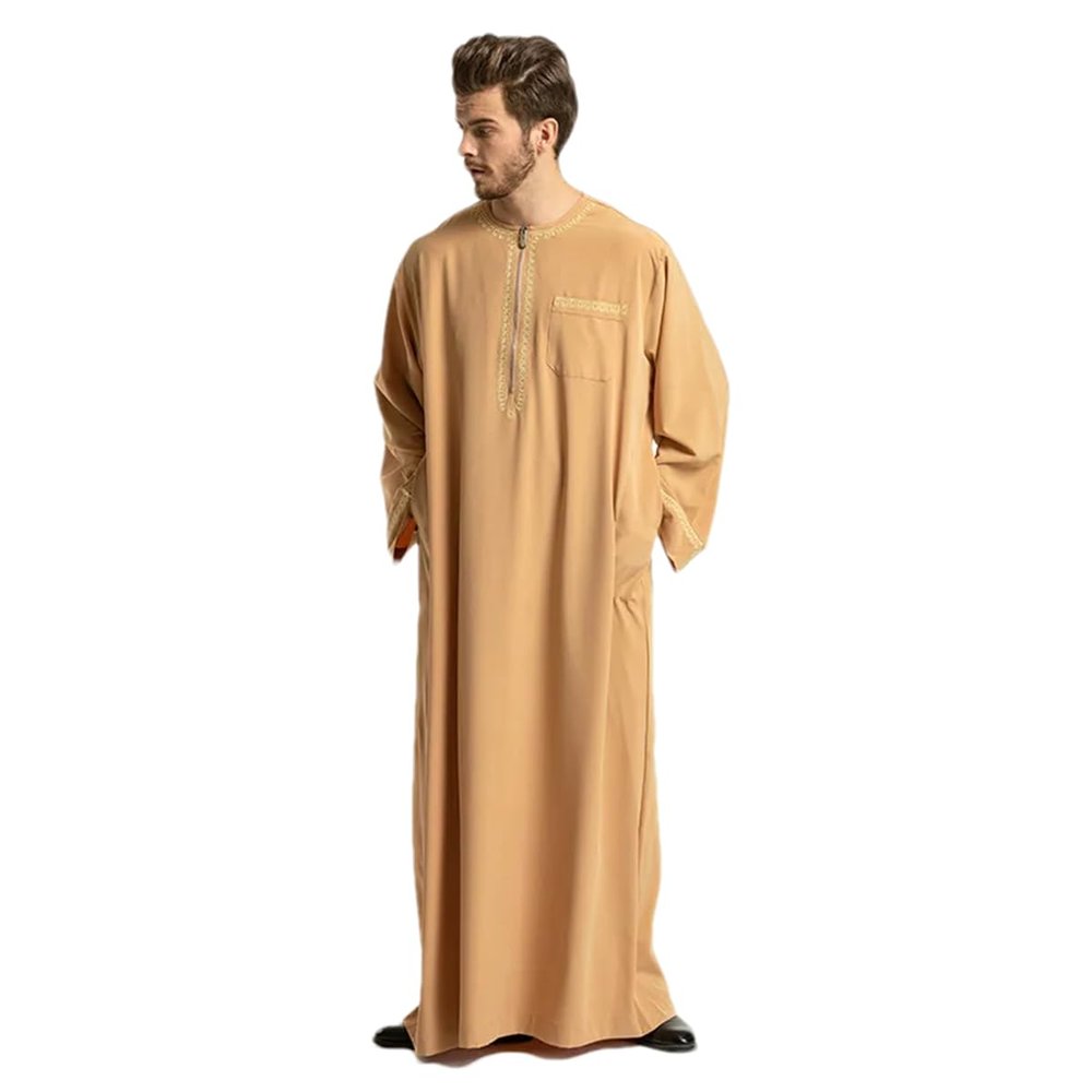 Adhdyuud Men's Middle East Muslim Kaftan Thobe Loose Islamic National Embroidered O-Neck Arab Robe yellow XL
