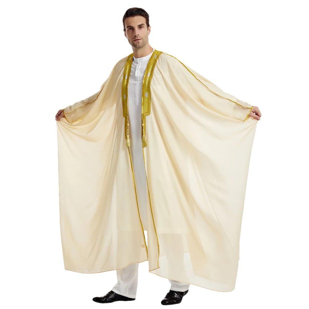 Adhdyuud Men Ramadan Eid Muslim Robe Arabic Islamic Dubai Morocco Turkey Middle East Chiffon Kaftan Thobe Beige L