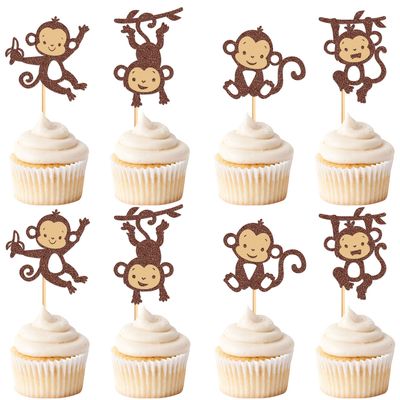 Cyodoos 24Pcs Monkey Cupcake Toppers for Forest Themed Cupcake Baby Shower Kids Birthday Party Cake Decorations Supplies