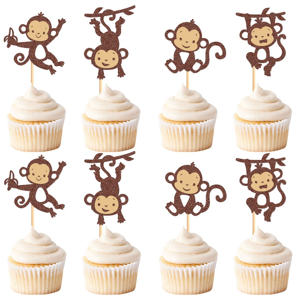 Cyodoos 24Pcs Monkey Cupcake Toppers for Forest Themed Cupcake Baby Shower Kids Birthday Party Cake Decorations Supplies