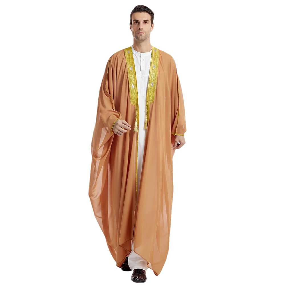 Adhdyuud Men's Muslim Middle East Long Sleeves Chiffion Robe Arab Cardigan Islamic Thawb Dubai Kaftan khaki9 M