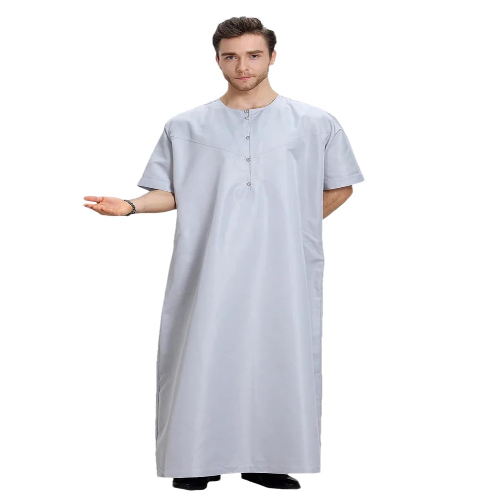 Adhdyuud Men's Muslim Ramadan Robe Kaftan Thobe O-Neck Short Sleeve Saudi Eid Abaya Dubai Middle East Caftan Gray M