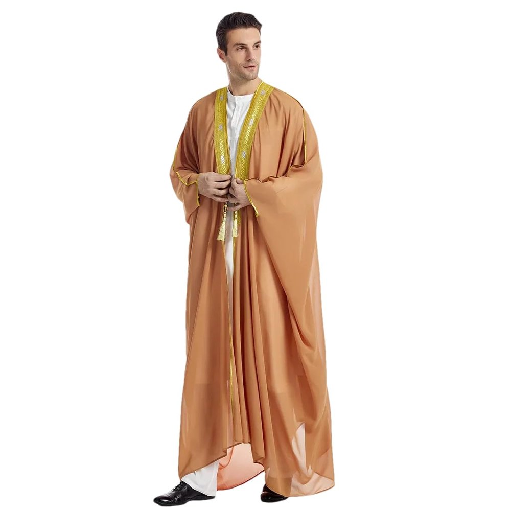 Adhdyuud Men Arabic Islamic Robe Kaftan Casual Muslim Moroccan Striped Middle East Long Caftan Thobe khaki9 XL