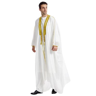 Adhdyuud Men Muslim Arabic Embroidery Long Sleeve Chiffon Robe Dubai Turkey Abaya Cardigan Patchwork Kaftan White M