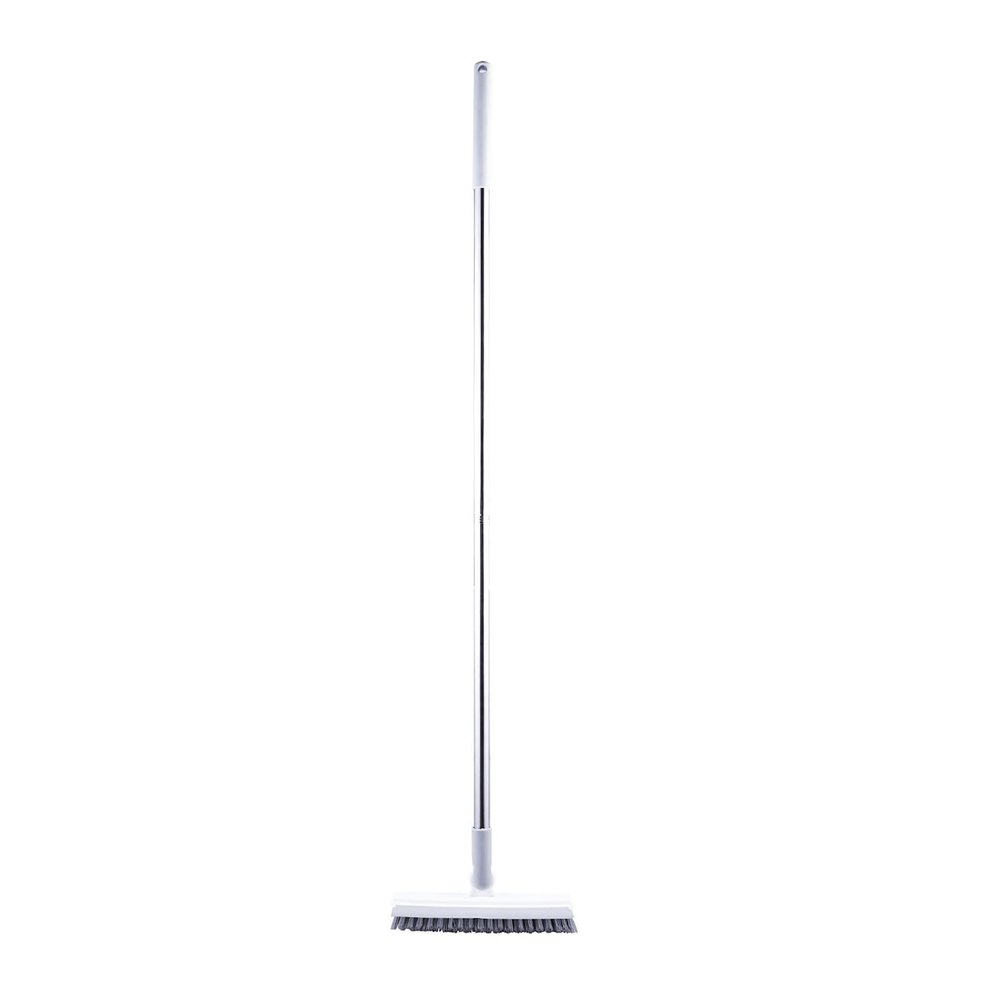 2 in 1 Floor Brush Scrubber with Long Handle Rotating Grout Brush Scrape V Shape Scrub Brush with Squeegee Deck Scrubber Brush for Deck Bathroom Kitchen (White)