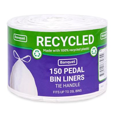 150 x Pedal Bin Liners Tie Handle White 100% Recycled Plastic Strong & Reliable for Kitchen Everyday & Commercial Use - Capacity - 35 Litre