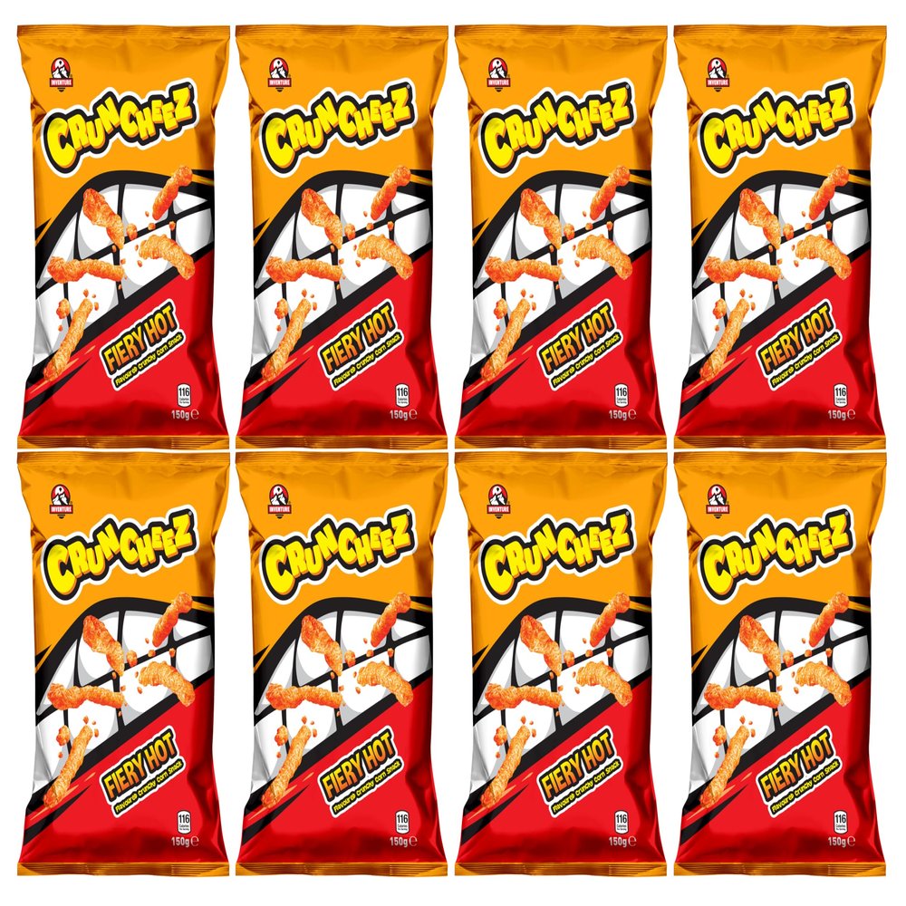 Inventure Cruncheez Fiery Hot Flavoured Crunchy Corn Snack 150g x 8 (Gluten Free) 100% Backed