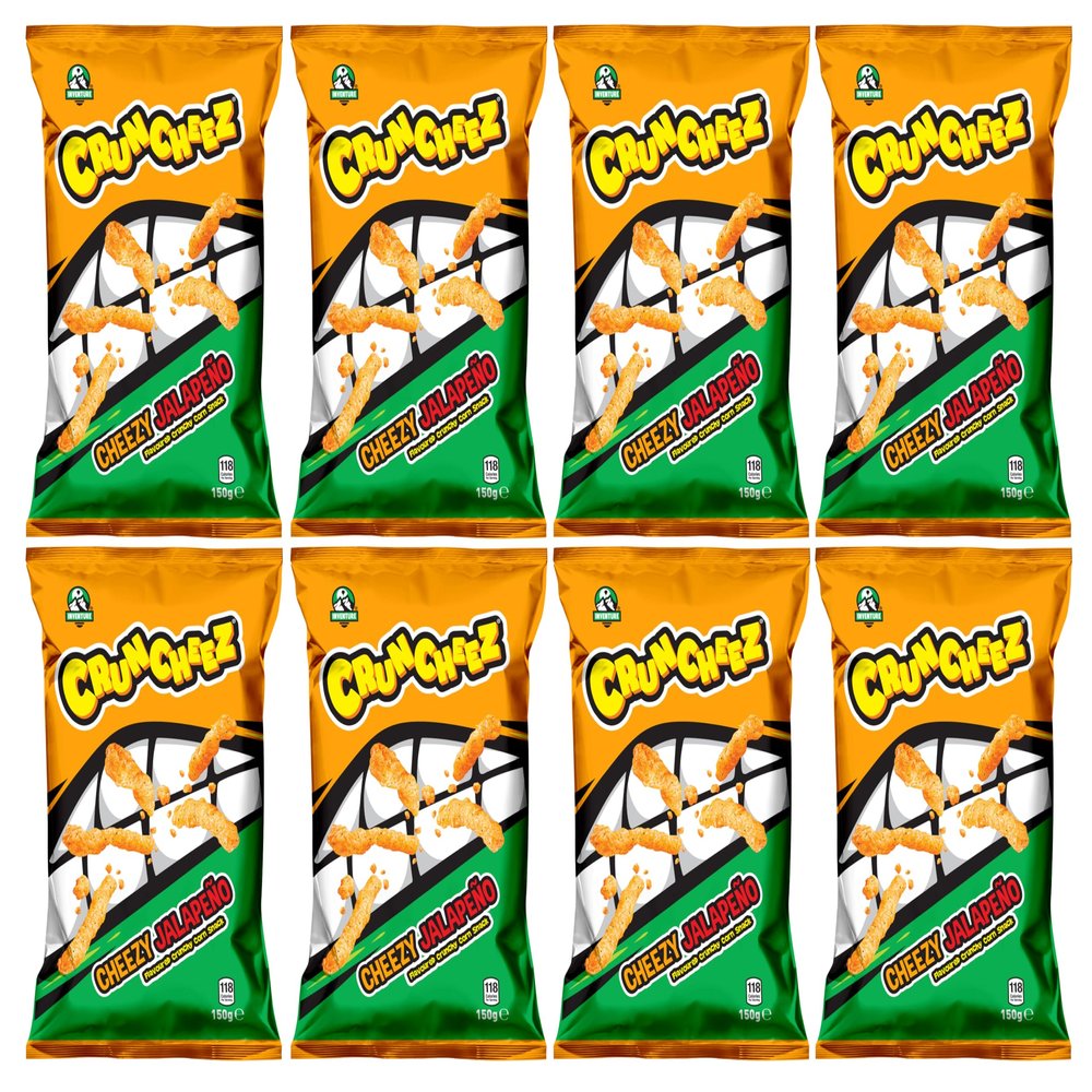 Inventure Cruncheez Cheezy Jalapeno 150g x 8 - (Gluten Free) 100% Backed - Cheese & Jalapeno Flavoured Extruded Corn Snak - Party Snack