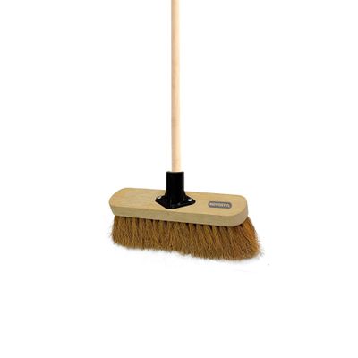 10 Soft Broom Indoor with Wooden Handle Natural Coco Bristles Sweeping Brush with Durable Support Bracket for Cleaning Any Surface Wooden Floor Decking and Paving Slabs (Pack of 1)