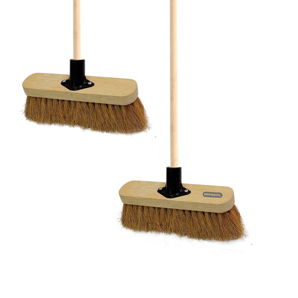 10 Soft Broom Indoor with Wooden Handle Natural Coco Bristles Sweeping Brush Durable Support Bracket Cleaning Any Surface Wooden Floor Decking Paving Slabs (2, [Softer Coco Bristles])