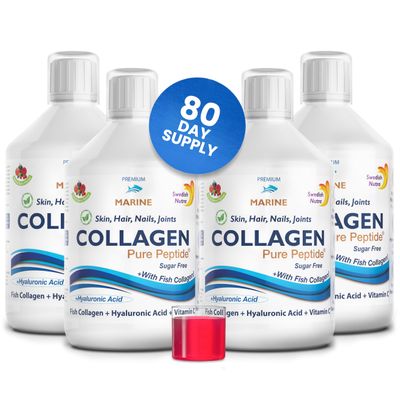 Swedish Nutra - Liquid Marine Collagen Sugar Free - 4 Packs of 500ml, 80 Day Supply | Minimize Fine Lines, Wrinkles | 100% Natural Berry Flavour