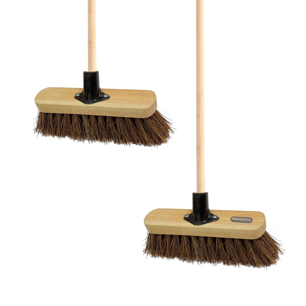 10 STIFF Broom Indoor with Wooden Handle Natural Bassine Bristles Sweeping Brush with Durable Support Bracket for Cleaning Any Surface Wooden Floor Decking and Paving Slabs (Pack of 2)
