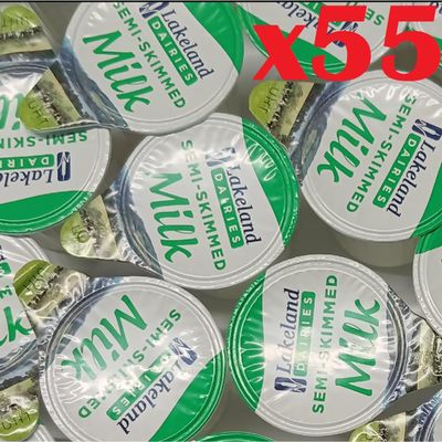 55x Semi-skimmed UHT Milk 12ml Individually Wrapped Mini Portions Pots Jiggers Lakeland