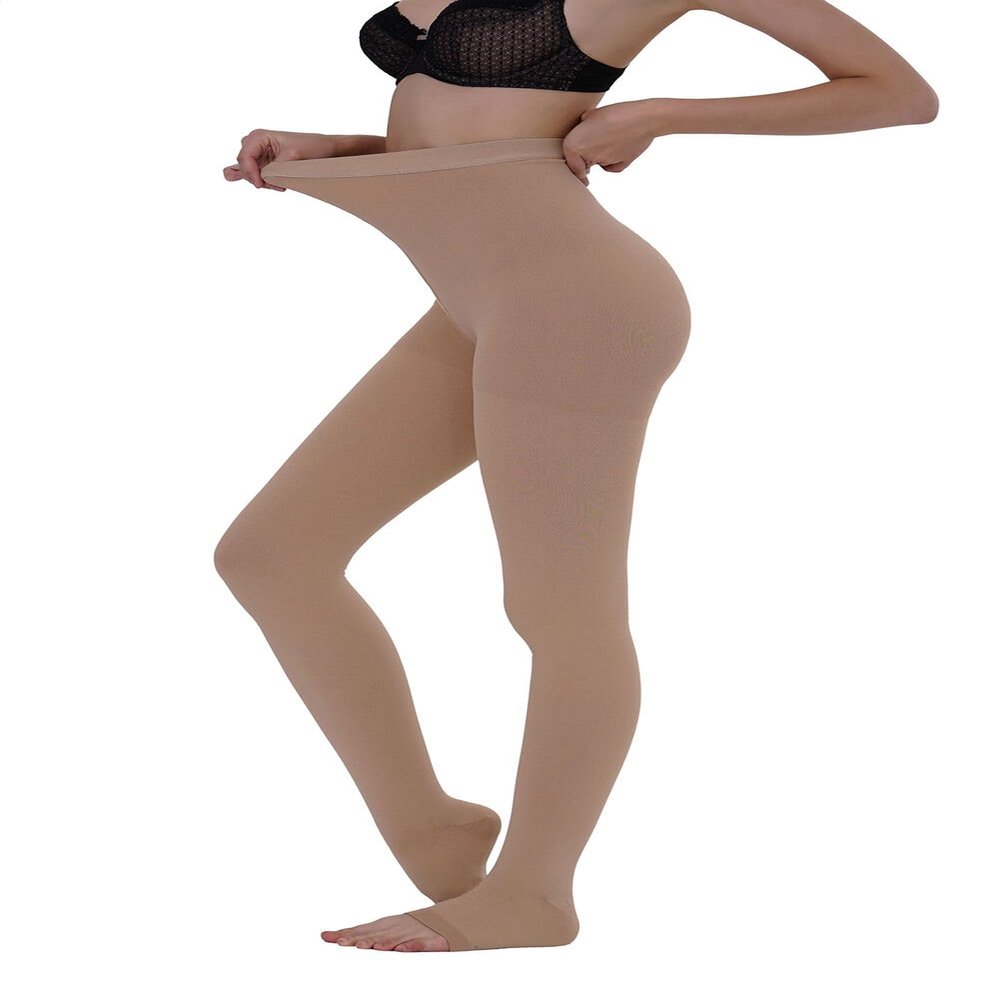 AMZAM Compression Pantyhose for Women Men, 20-30 mmHg Graduated Compression Tights, Opaque Toeless Compression Stockings Waist High Support Tights for Edema, Varicose Veins, DVT, Beige XXL