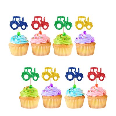 24pcs Tractor Cupcake Toppers, Farm Tractor Cupcake Toppers, Colorful Glitter Truck Car Cupcake Picks for Baby Shower, Construction Themed Birthday Party Supplies