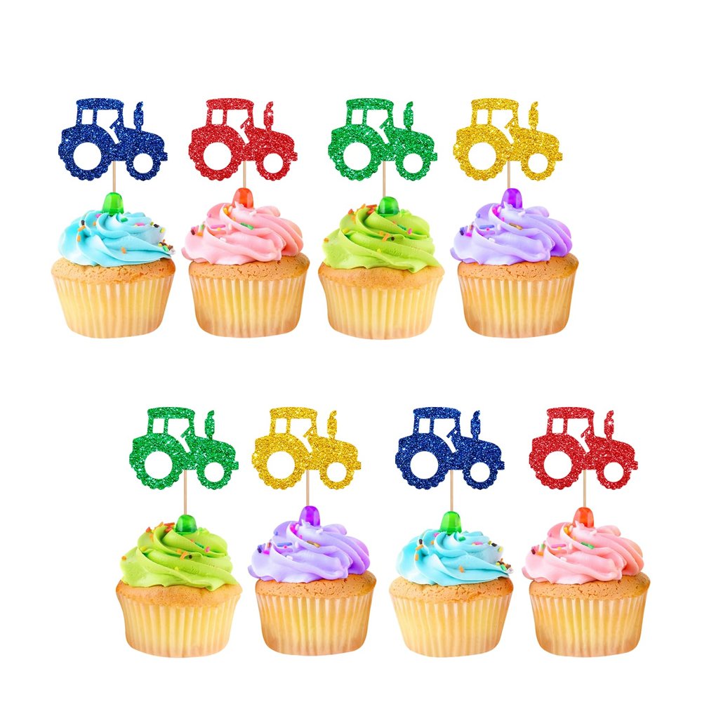 24pcs Tractor Cupcake Toppers, Farm Tractor Cupcake Toppers, Colorful Glitter Truck Car Cupcake Picks for Baby Shower, Construction Themed Birthday Party Supplies