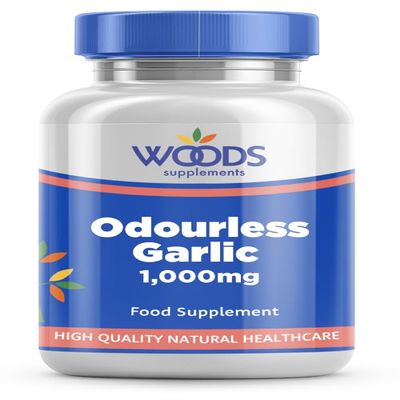 Woods Supplements - Odourless Garlic 1000mg Capsules (180x) | High Strength Garlic Extract. Whole Garlic Equivalent Sustainably Harvested. Easy to Swallow Capsules. Food Supplement for Men and Women