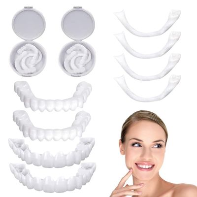 2 Pairs Clip in Veneers Teeth Temporary Dentures Silicone, False Teeth Top and Bottom Instant Veneers Dentures, Fake Teeth Covers for Women and Men Have a Perfect Smile