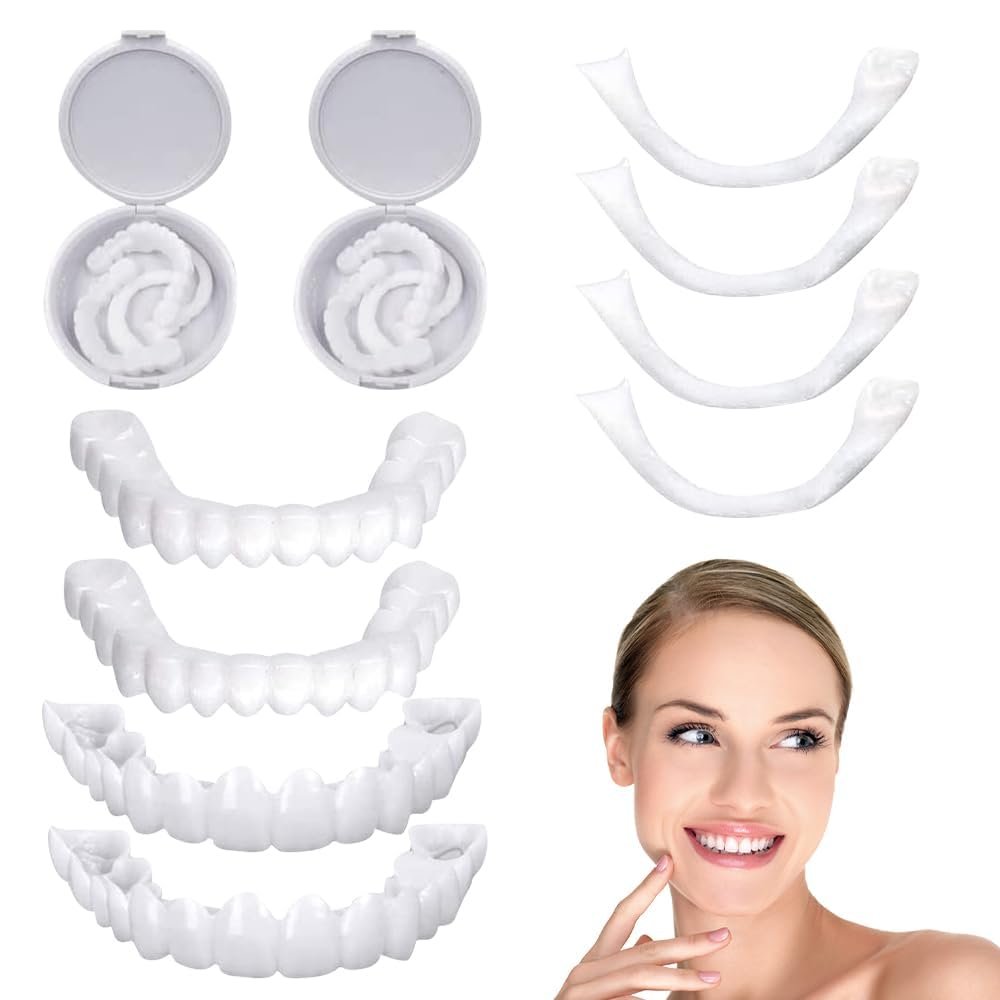2 Pairs Clip in Veneers Teeth Temporary Dentures Silicone, False Teeth Top and Bottom Instant Veneers Dentures, Fake Teeth Covers for Women and Men Have a Perfect Smile