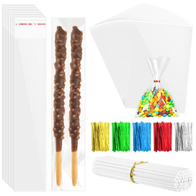 400 Pcs Cellophane Treat Bags 4"x6" and Pretzel Rod Bags 2"x10" with 50ct 6-inch Paper Lollipop Sticks,200ct Twist Ties for Treat Pretzel Candy Cookie Lollipop for Party Favors Christmas, Halloween