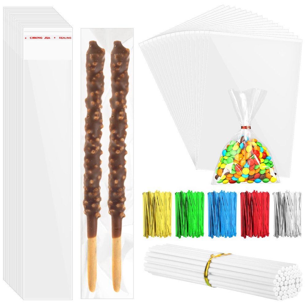 400 Pcs Cellophane Treat Bags 4"x6" and Pretzel Rod Bags 2"x10" with 50ct 6-inch Paper Lollipop Sticks,200ct Twist Ties for Treat Pretzel Candy Cookie Lollipop for Party Favors Christmas, Halloween