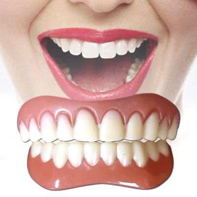 Flipped Warmth 2 Pairs Temporary Dentures Fake Teeth Whitening False Teeth Top And Bottom, Cosmetic Teeth Upper And Lower Snap on Veneers Teeth for Men Women Adult